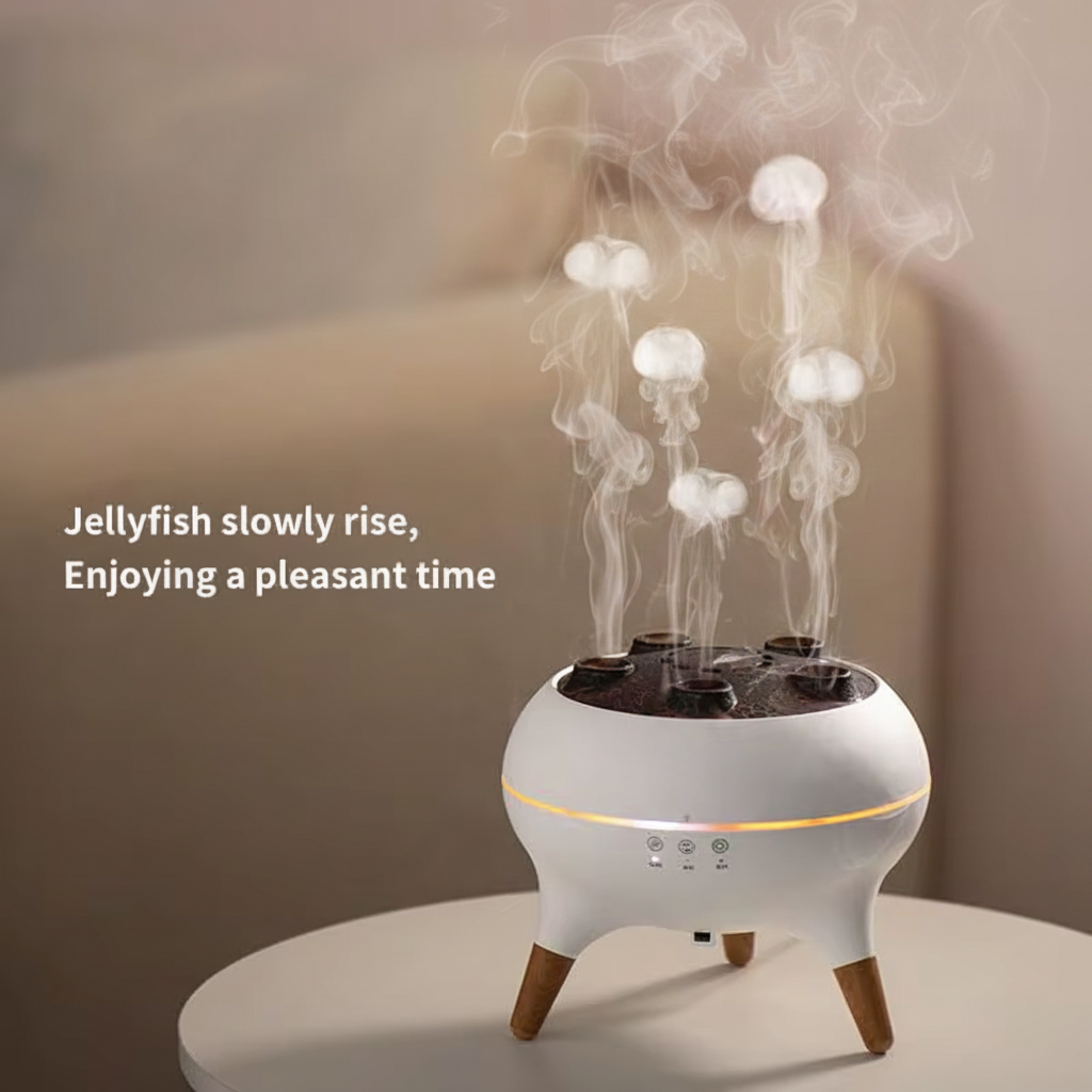 Jellyfish humidifier ambient warm light on side table