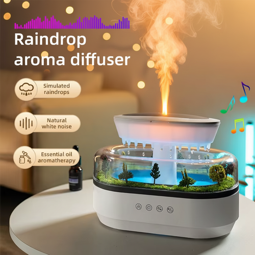Raindrop Cloud diffuser with simulated raindrops, white noise and essential oil features