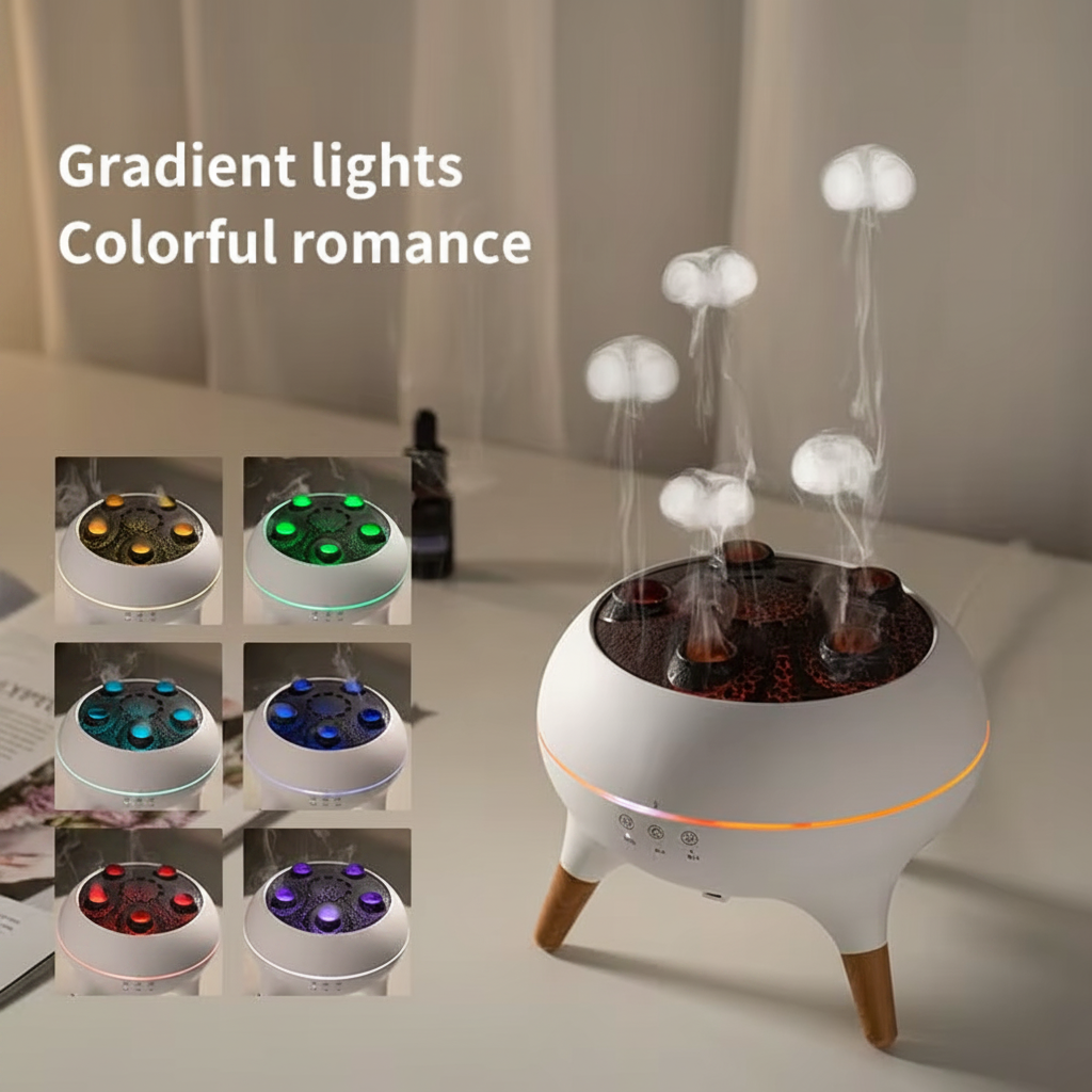Jellyfish humidifier showing 7 colorful LED light modes